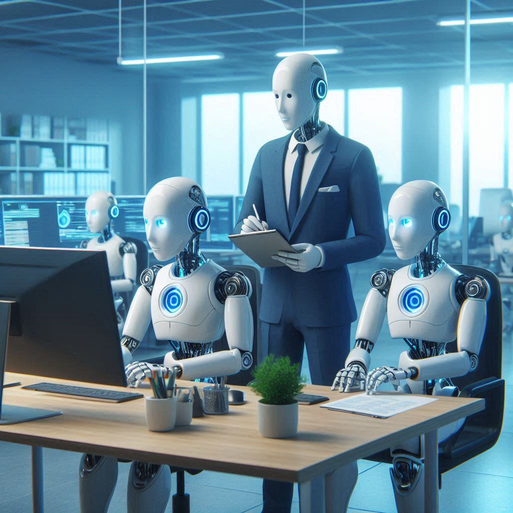 Three humanoid AI agents in a modern office, with one standing in a suit holding a clipboard and two seated at computers, symbolizing AI workforce integration.