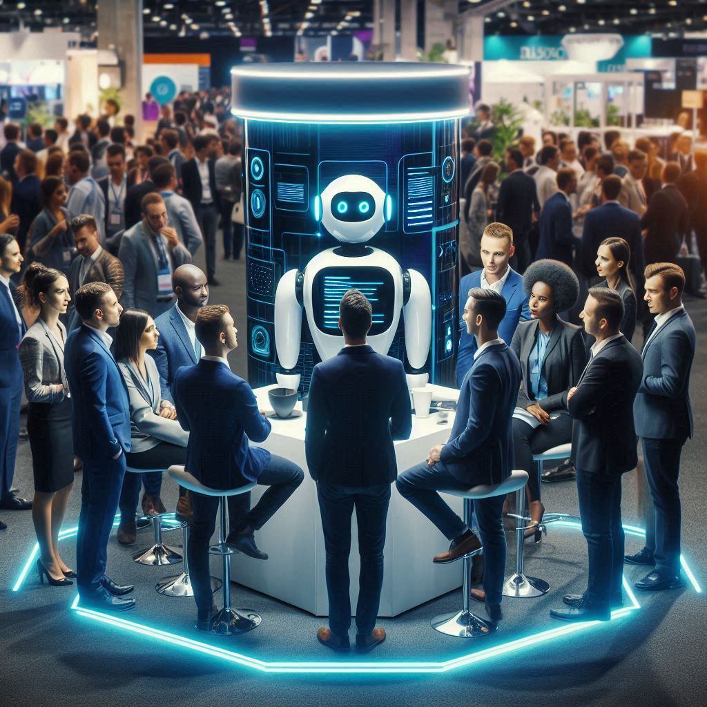 AI-powered robot engaging with a group of professionals at a modern event, demonstrating advanced event planning and attendee interaction capabilities.