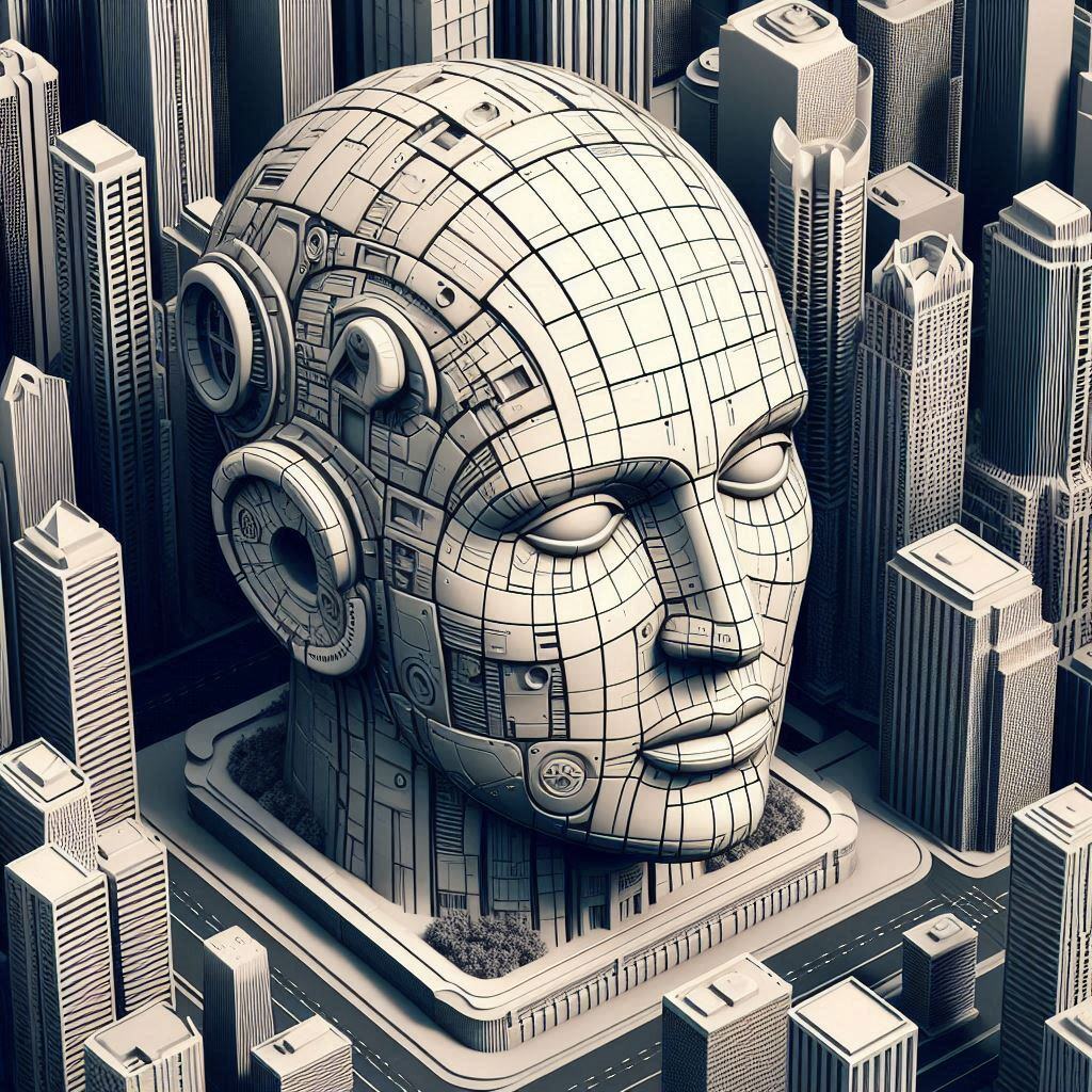 A futuristic, stylized representation of a human head made of digital and mechanical components, symbolizing the ethical use of AI and Large Language Models (LLMs) in decision-making within a modern cityscape.