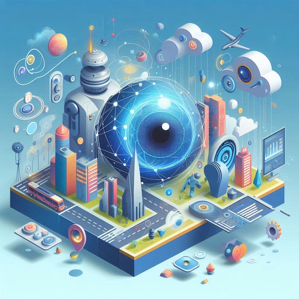 Futuristic representation of Agentic AI trends with interconnected technology, city infrastructure, cloud computing, and a large central eye symbolizing AI autonomy and machine learning.