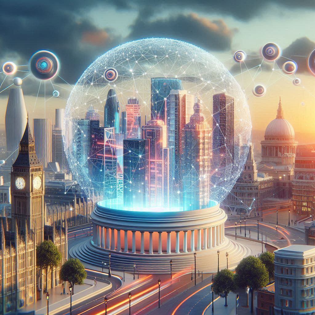 A futuristic cityscape enveloped in a digital network sphere, symbolizing the future trends in Large Language Models (LLMs) and their integration into smart cities and advanced technologies.