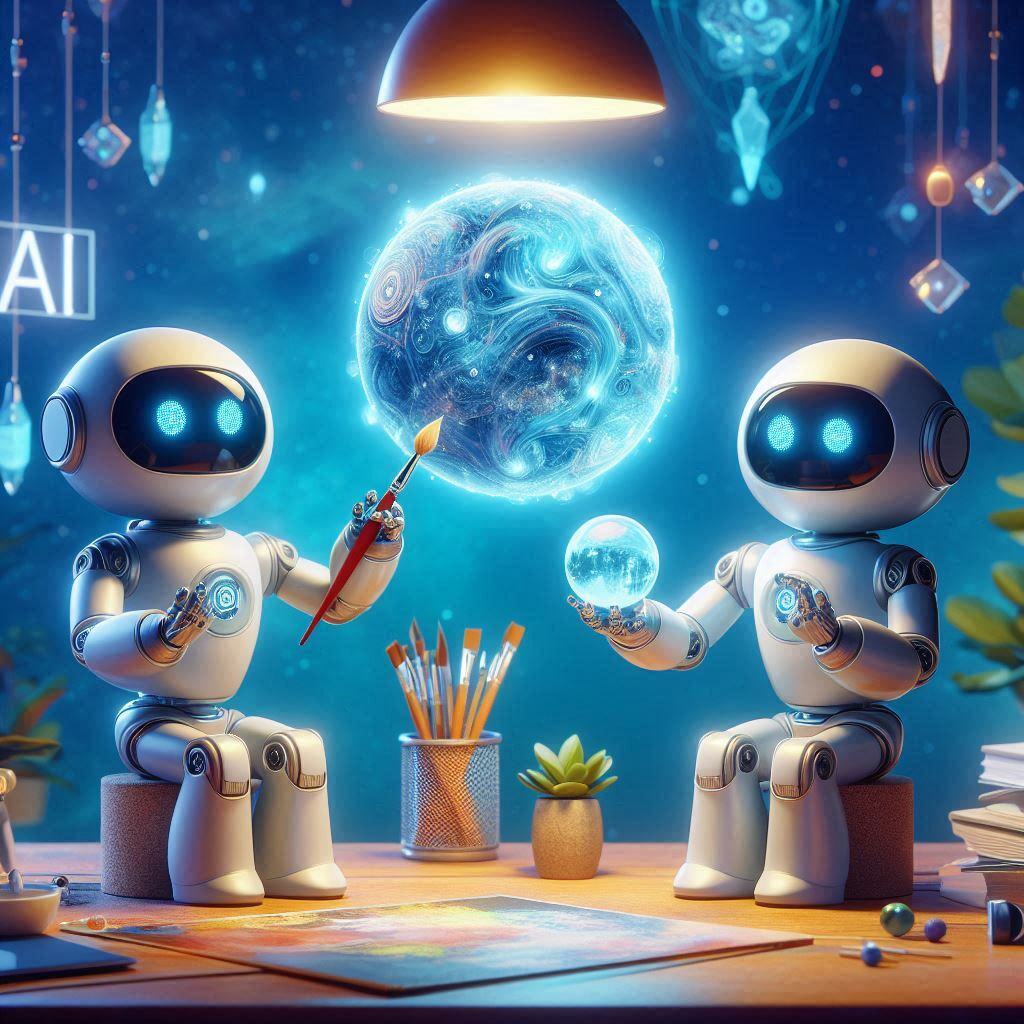 Two futuristic robots interact creatively in a vibrant, digital art studio. One robot holds a paintbrush, painting a glowing, swirling orb suspended in the air, while the other examines a smaller holographic sphere. The scene is filled with artistic tools and glowing elements, symbolizing the intersection of creativity and technology in generative and predictive AI.