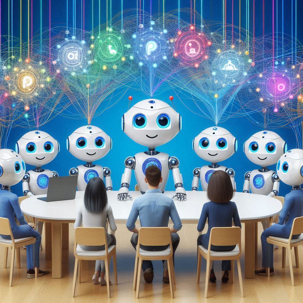 Illustration of a collaborative meeting between humans and AI robots, showcasing AI agents with visual connections representing grouped query attention.