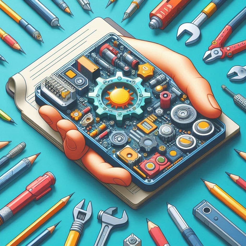 Illustration of hands holding a mechanical device, surrounded by tools like pencils and wrenches, symbolizing hands-on exercises in prompt engineering.