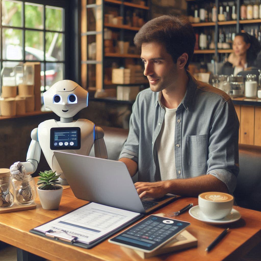 Man working with a friendly AI robot in a cozy café, collaborating on business tasks using a laptop. The setting is warm and inviting, showcasing the integration of AI in small business operations.