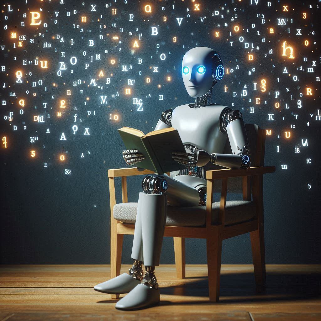 AI robot reading a book with glowing letters and symbols surrounding it, representing the concept of large language models learning to interpret text and images.