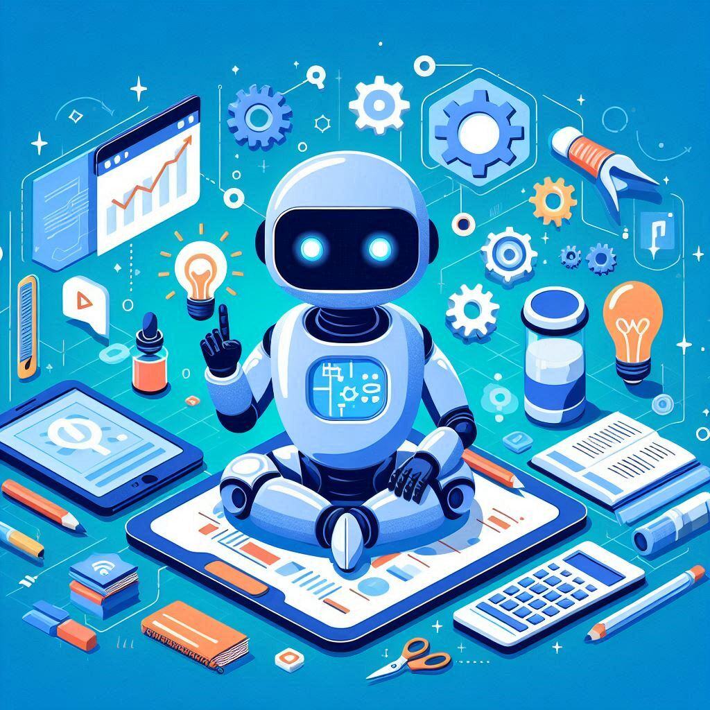 Illustration of a young robot surrounded by various digital tools and icons, representing the process of building AI tools without coding. The image includes elements such as a tablet, lightbulb, gears, charts, and office supplies, symbolizing AI development and innovation.