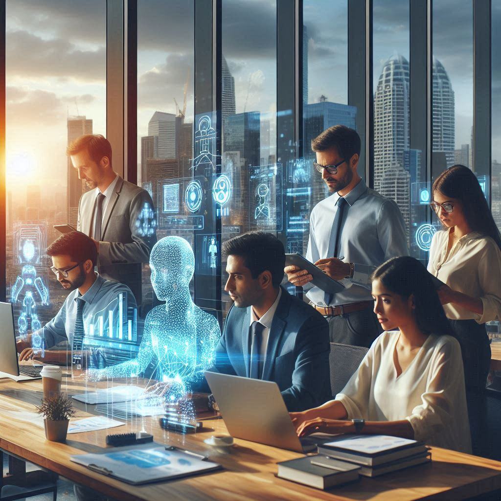 Employees working alongside AI systems in a modern office, showcasing the integration of artificial intelligence into workflows for productivity and data analysis.