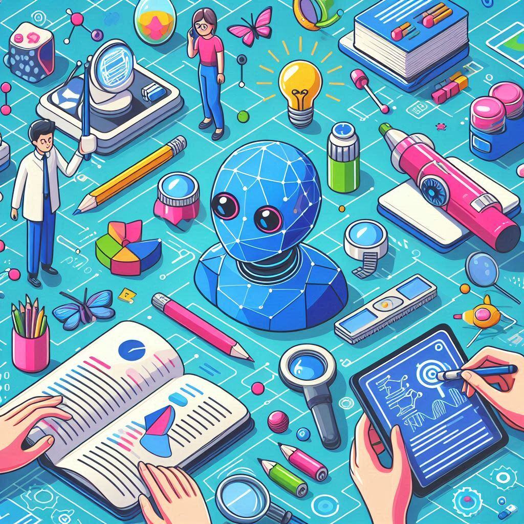 Illustration of AI learning with various tools, including robot, books, and digital devices, representing a beginner’s guide to AI education.