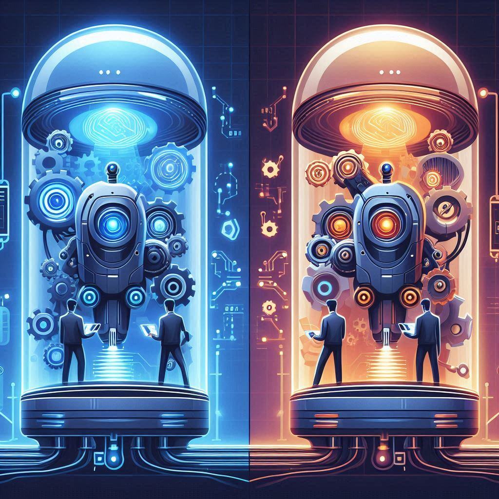 Comparison of Hyperautomation and Intelligent Automation concepts, depicted by two futuristic robots in separate pods with digital and mechanical gears, highlighting the technological differences.