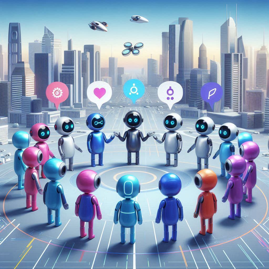 Group of AI robots collaborating in a futuristic city, symbolizing the integration of AI agents for business automation and workflow optimization.