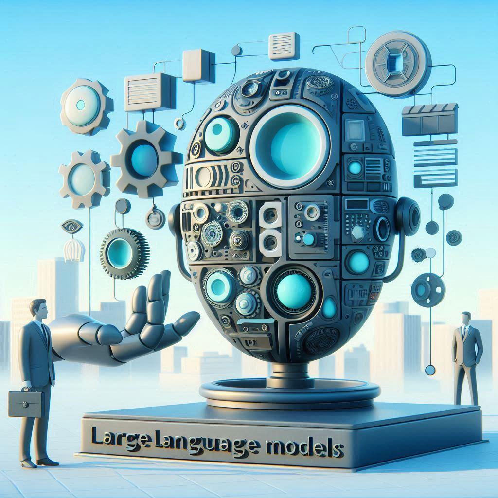 Abstract representation of large language models in AI, with interconnected gears and nodes symbolizing complex processing and data flow.