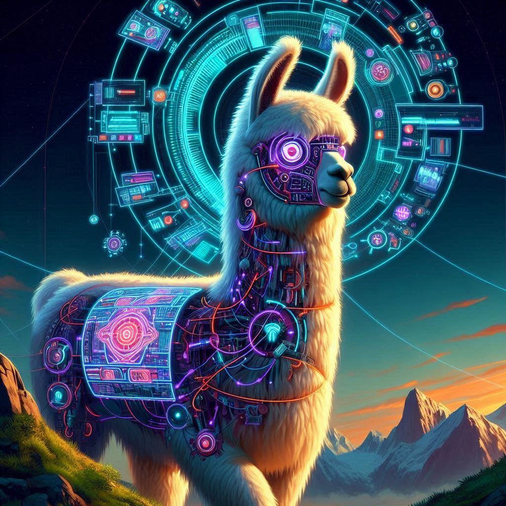 Illustration of a futuristic llama integrated with neon circuitry and holographic interfaces, representing Llama 3.1 by Meta AI for text generation, translation, coding, and more.