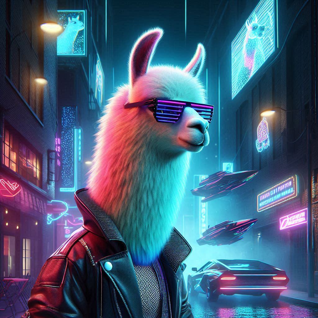 Stylized llama wearing sunglasses and a leather jacket in a neon-lit cityscape, symbolizing futuristic AI and tech advancements.