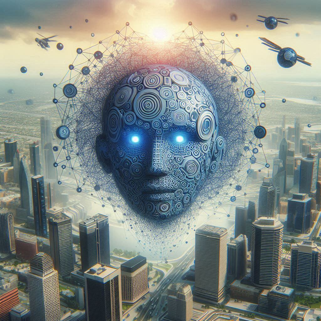 Futuristic AI concept: A digital human face composed of intricate circuits and nodes, hovering over a modern cityscape with drones and networks.