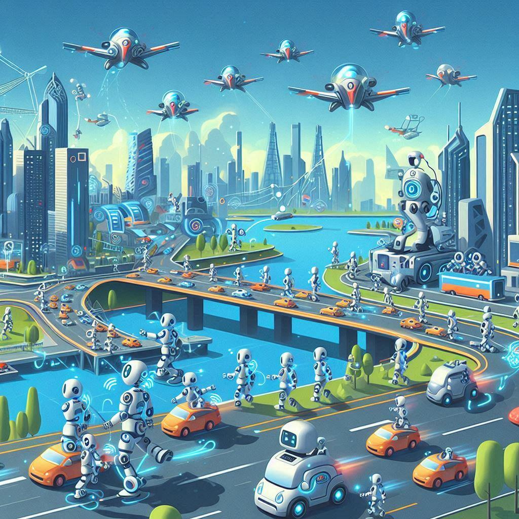 Futuristic cityscape illustrating Multi-Agent AI Coordination with robots, drones, and autonomous vehicles working together to manage traffic and urban activities efficiently.