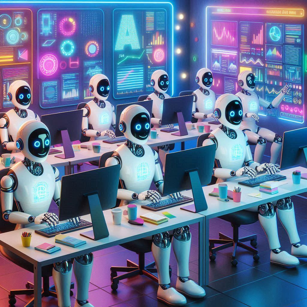 A group of advanced robots working on computers in a high-tech control room, illustrating the concept of Multi-Agent Automations. The background features vibrant data analytics displays and futuristic interfaces.