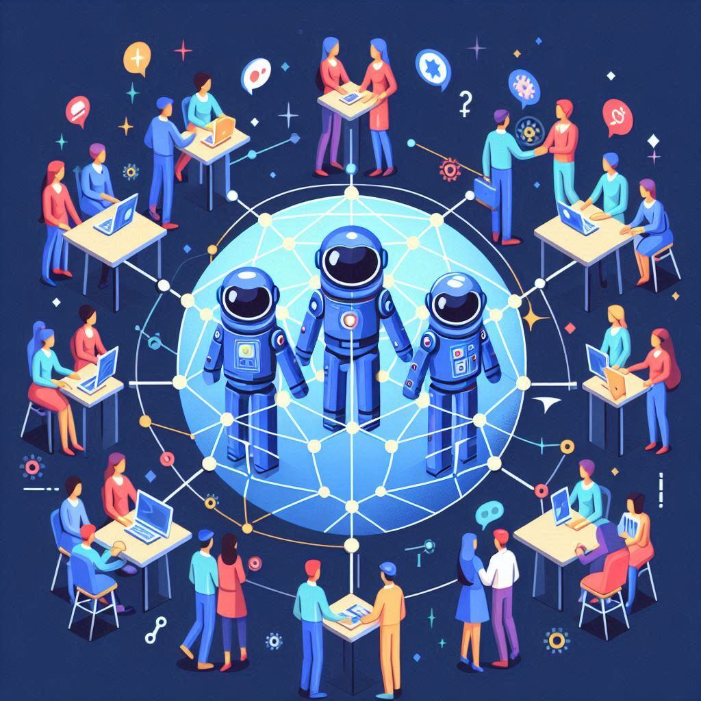 Illustration of multi-agent collaboration with astronaut-like AI agents working together in a connected network, while human teams collaborate at desks, symbolizing the integration of AI and human efforts for optimizing workflows and innovation.