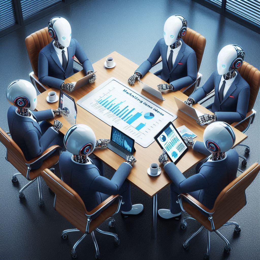 The image depicts a group of AI robots in business suits sitting around a conference table, engaged in a meeting. Each robot is equipped with various devices such as tablets, laptops, and monitors displaying charts and graphs. This setup illustrates the concept of multi-agent systems working together in a business environment, showcasing their role in data analysis, strategy development, and coordinated marketing efforts.