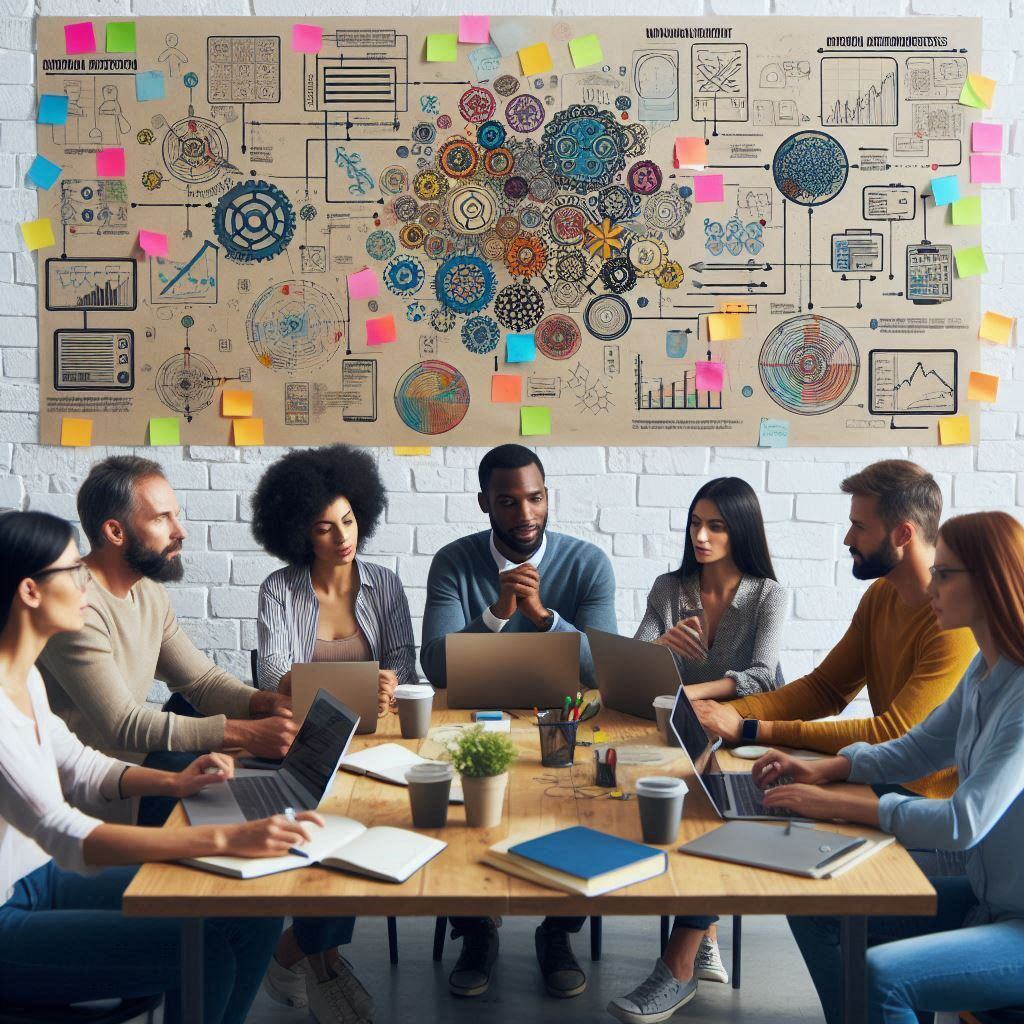 Team discussing Multi-Agent Reinforcement Learning for Business Automation in a collaborative workspace with diagrams and charts on the wall, illustrating AI integration and workflow optimization.