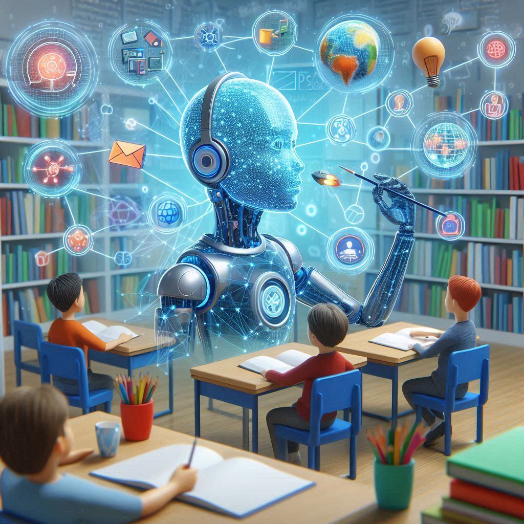 Illustration of a futuristic classroom with young students sitting at desks, engaged in learning. A humanoid robot equipped with advanced AI is at the center, interacting with digital icons representing various educational subjects and tools. The robot is painting a globe, symbolizing global knowledge, while digital connections highlight adaptive learning and AI-powered personalized education. The background shows shelves filled with books, integrating traditional learning with modern technology.