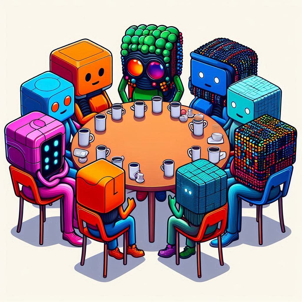 Illustrated colorful AI robots sitting around a table, representing various popular Large Language Models (LLMs) collaborating and discussing, symbolizing the diverse and dynamic landscape of AI technology in 2024.