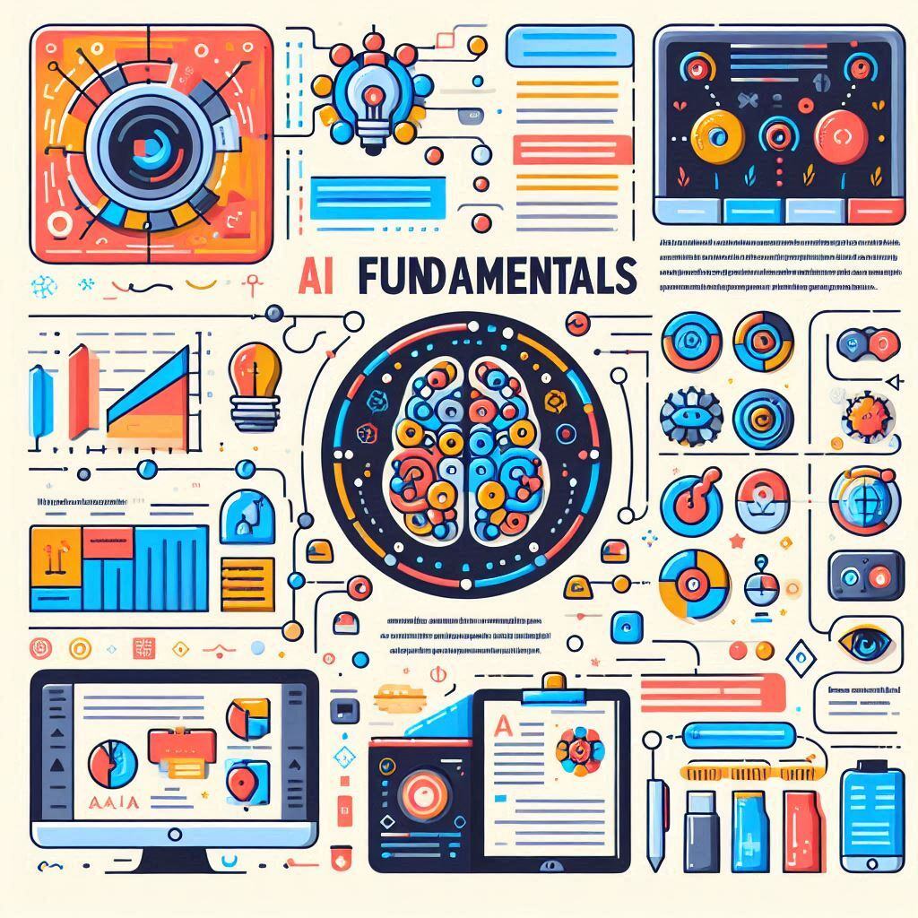 Illustration depicting AI Fundamentals with various elements, including data charts, brain-like networks, AI algorithms, and digital interfaces, highlighting AI concepts and applications in different fields.