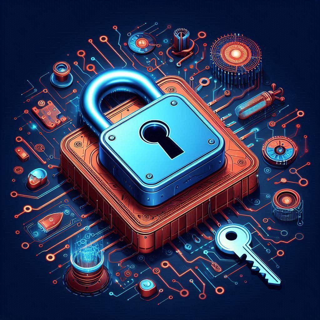 Illustration of a digital padlock symbolizing cybersecurity, with a blue lock on a circuit board, surrounded by tech components and a key, representing secure technology systems.