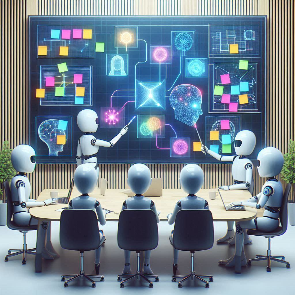 Robots in a conference room discussing AI and machine learning concepts, with diagrams and sticky notes on a large digital screen. The scene illustrates the collaborative and educational nature of developing reactive architectures for AI agents.