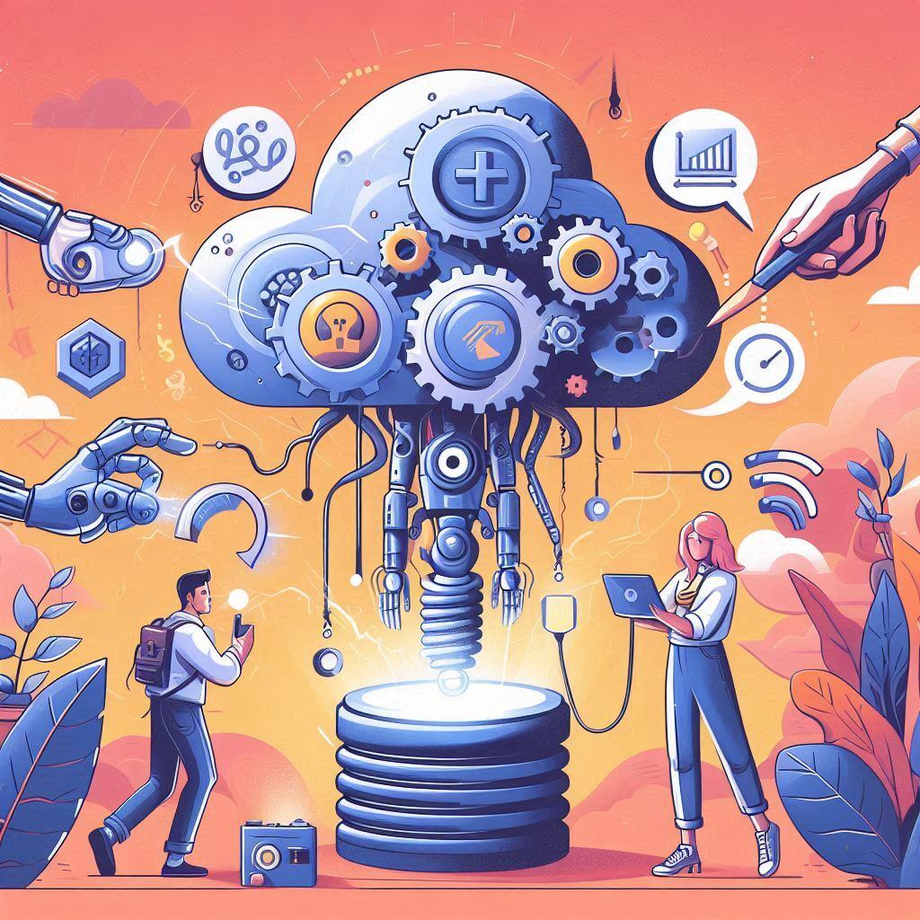 Illustration of Retrieval Augmented Generation (RAG) concept with cloud computing, gears, robotic hands, and people interacting with technology, representing quick information retrieval.