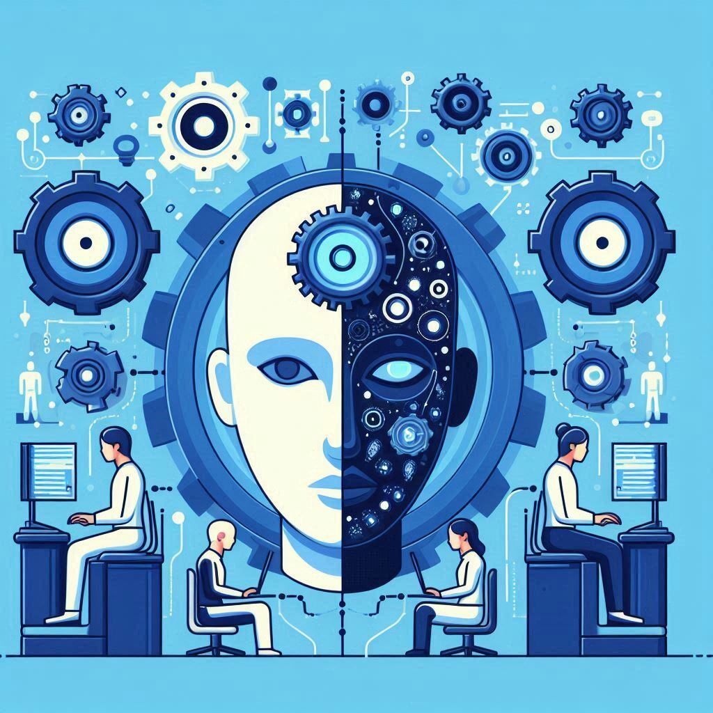 A graphic representation comparing single-agent AI and multi-agent AI. The central image shows a human face split into two halves, symbolizing different AI systems. The left side features individuals working at computers with interconnected gears, illustrating single-agent AI. The right side depicts a more complex network with multiple people and gears, representing multi-agent AI. The background is filled with gears and circuitry, emphasizing the technological theme. The color scheme is predominantly blue, highlighting the digital and futuristic aspect of AI.