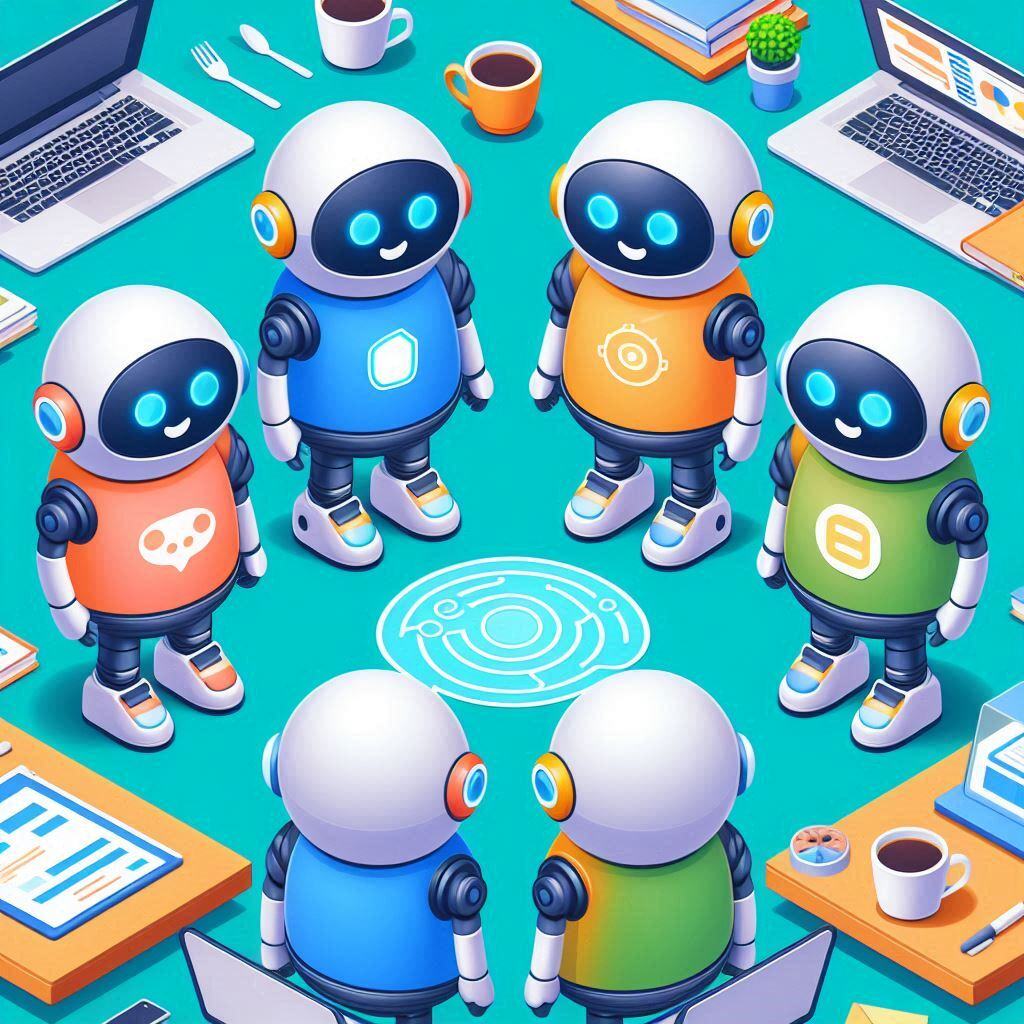 Illustration of six colorful robots standing in a circle around a digital interface, symbolizing AI-driven teamwork in a small business setting.