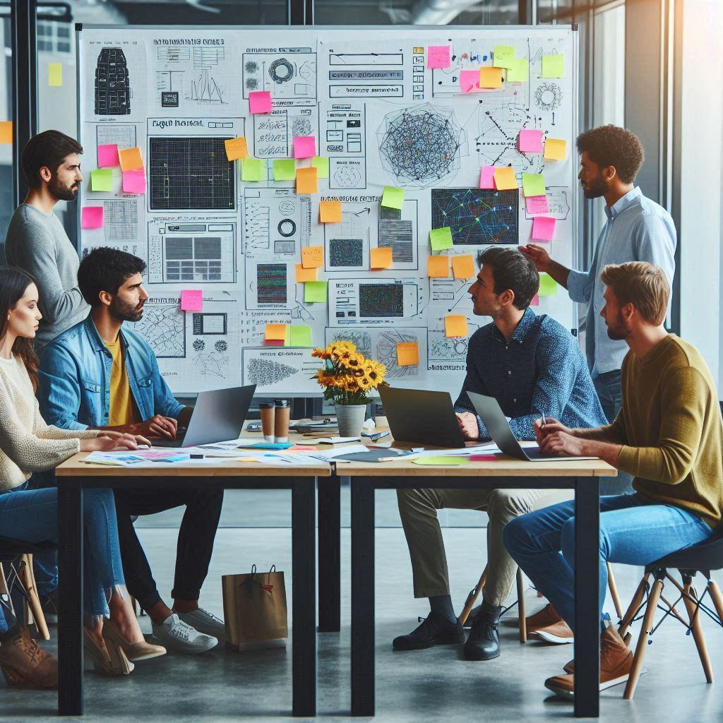 A diverse team collaborating around a table, discussing the training architecture of Large Language Models (LLMs), with a whiteboard covered in diagrams, data charts, and colorful sticky notes in the background, symbolizing brainstorming and AI model development.