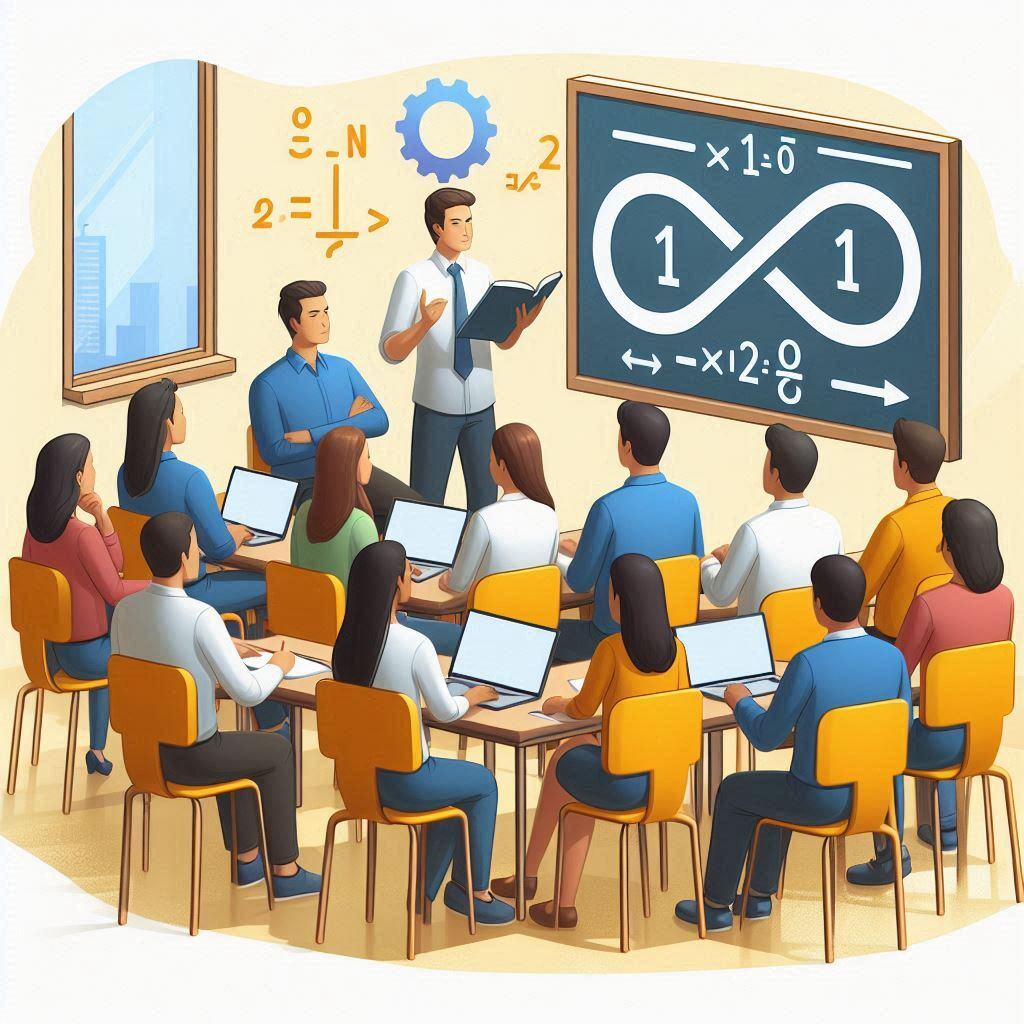 Teacher explaining complex mathematical concepts to a group of adult students in a classroom, with laptops and mathematical formulas on the blackboard.