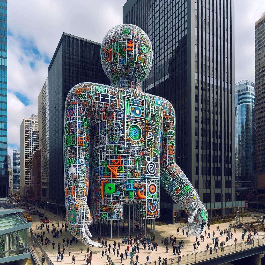 A futuristic city scene with a towering humanoid figure made of interconnected digital and circuit-like patterns, symbolizing a Large Language Model (LLM) integrated into an urban environment, with people walking around its base amidst skyscrapers.