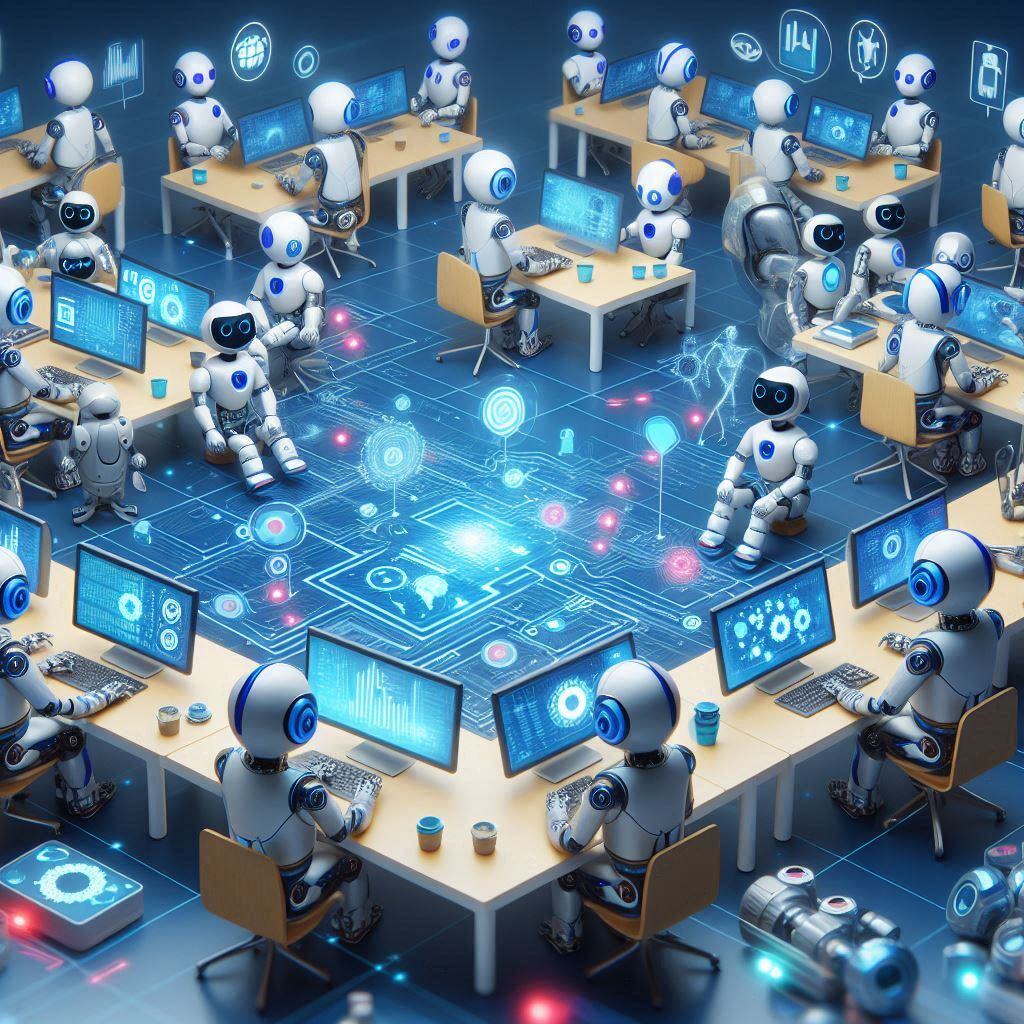 AI agents collaborating in a futuristic workspace: digital avatars and robots at desks with holographic interfaces, coordinating tasks in a high-tech environment, illustrating advanced AI teamwork and communication.