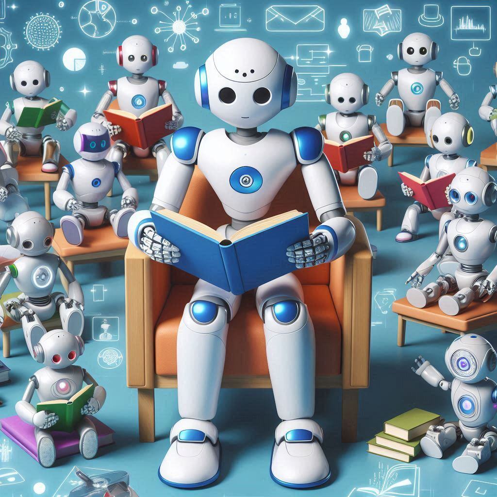 Autonomous AI Agents Learning: A group of robots reading books, symbolizing machine learning and autonomous AI development.