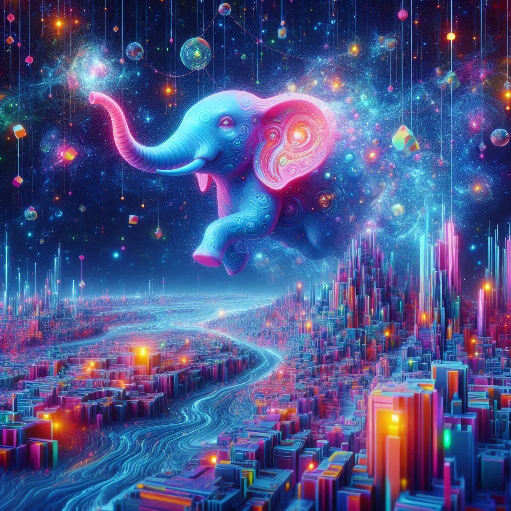 Surreal digital artwork depicting a vibrant, neon-colored elephant floating above a futuristic cityscape, representing AI hallucinations in a fantastical, abstract form.