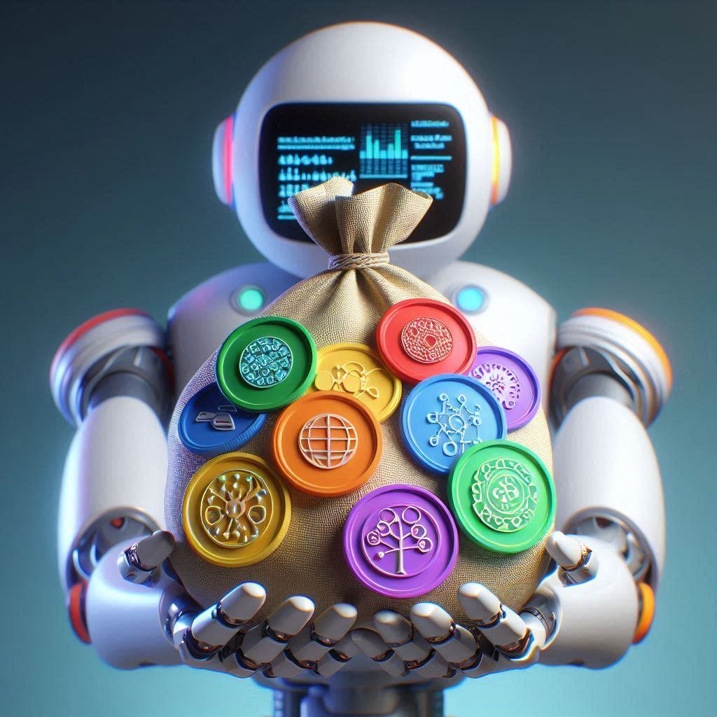 Robot holding a bag filled with colorful tokens, symbolizing AI tokens and their role in machine learning and language processing.