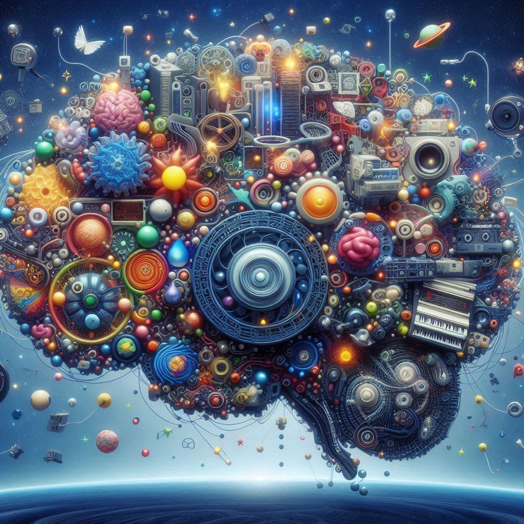 Colorful abstract digital art depicting a complex network of interconnected objects forming the shape of a brain, symbolizing the advanced computational processes of AI models like Imagen 3. The image includes a variety of mechanical components, wires, and vibrant patterns, representing the intricate architecture and creativity involved in AI-generated imagery.