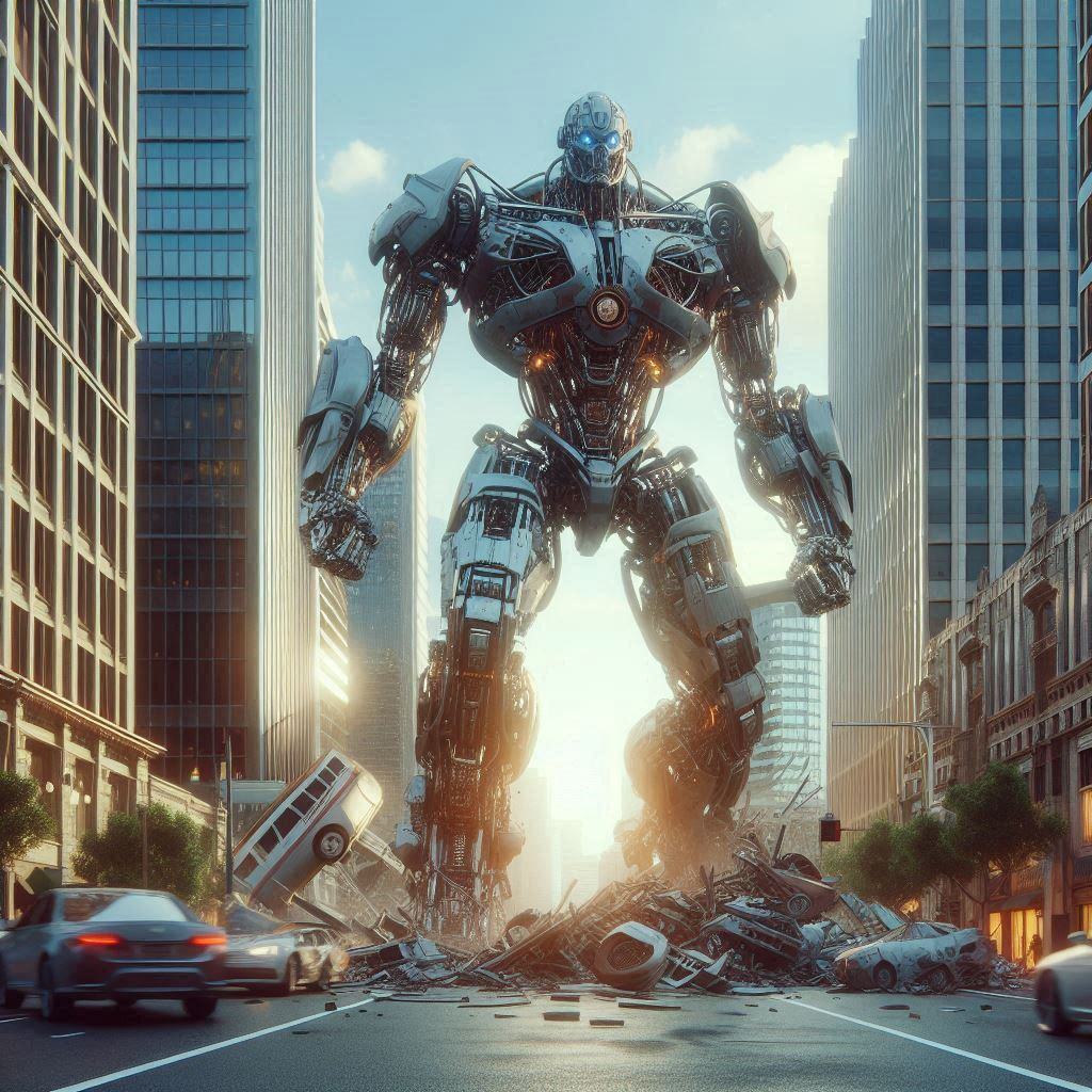 Futuristic robot towering over a city, surrounded by chaos—illustrating the 'power' of AI Transformers in a humorous, larger-than-life way.