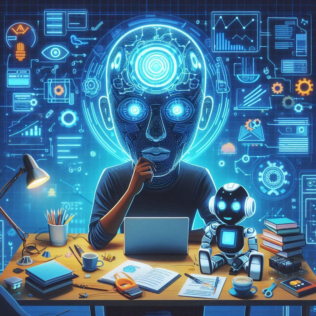 Illustration of a futuristic AI hackathon with a robotic figure brainstorming at a desk with a laptop, surrounded by digital interfaces, data charts, and a small robot assistant; visually representing innovation and collaboration in artificial intelligence development.