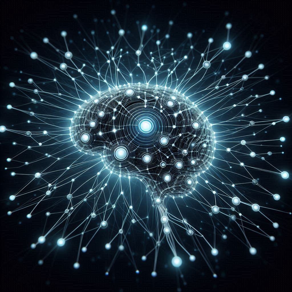 Illustration of an artificial neural network structure resembling a brain, with interconnected nodes and lines representing neural connections.