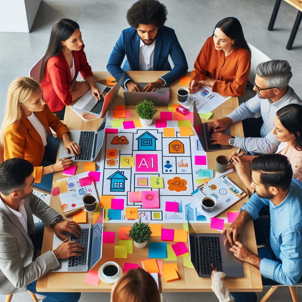 Team collaborating around a table with laptops and colorful sticky notes, brainstorming AI strategies and applications in a creative workspace.