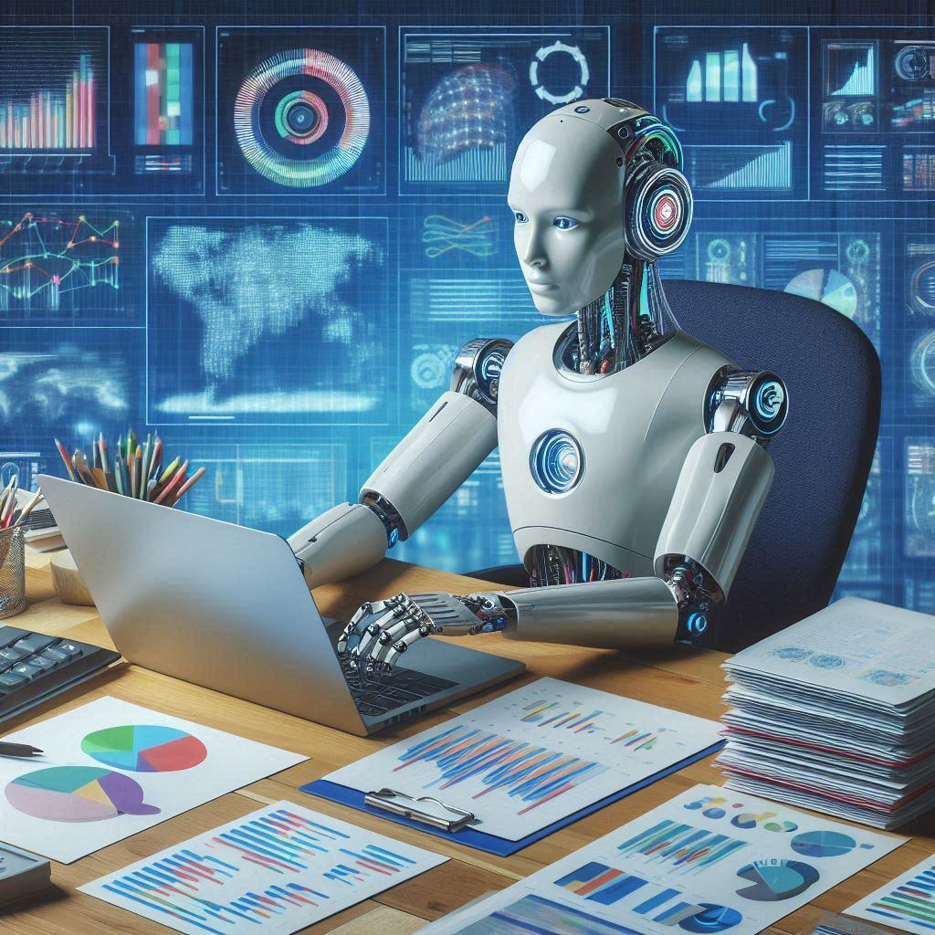 Robot analyzing data on a laptop, surrounded by charts and graphs, representing AI in data analysis and its potential impact on data analyst roles.