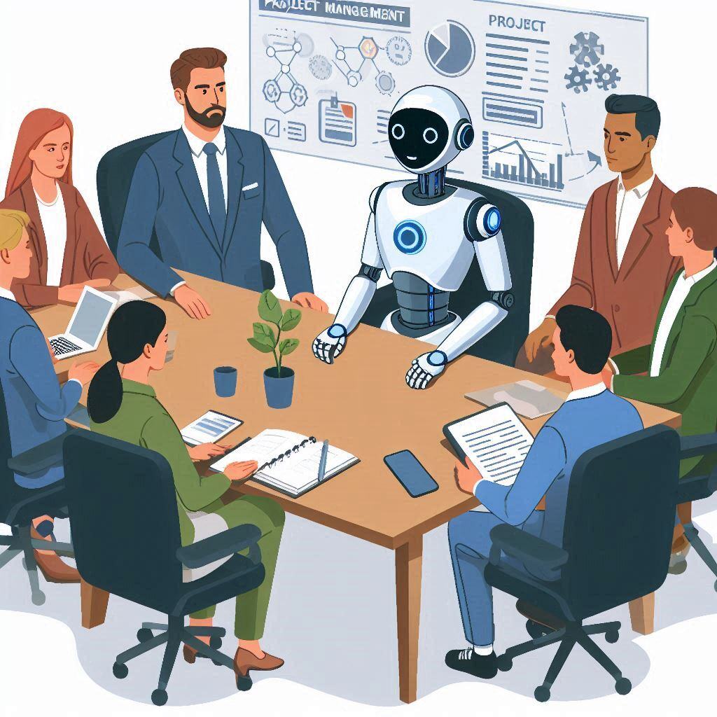 Illustration of a diverse project management team working with a humanoid AI robot, highlighting AI’s role in optimizing project workflows and supporting project managers.