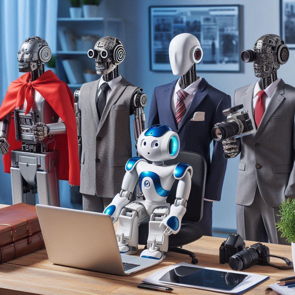 Group of AI robots in a professional office setting, each dressed in business attire, symbolizing various roles such as a manager, analyst, and creative director. The image highlights advanced role prompting in AI, showcasing how diverse AI personas can collaborate with human-like efficiency in a modern business environment.