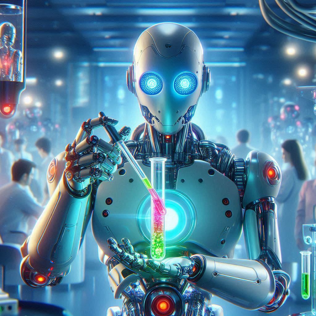 AI robot conducting scientific experiment with test tubes in a futuristic lab setting, representing agentic AI in research and automation.