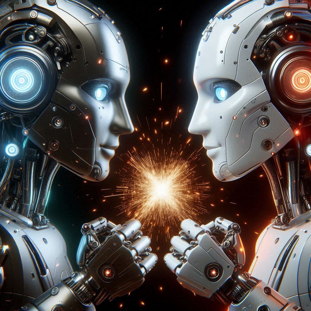 Two advanced humanoid robots facing each other in a high-tech lab, representing the comparison between agentic and non-agentic AI systems.