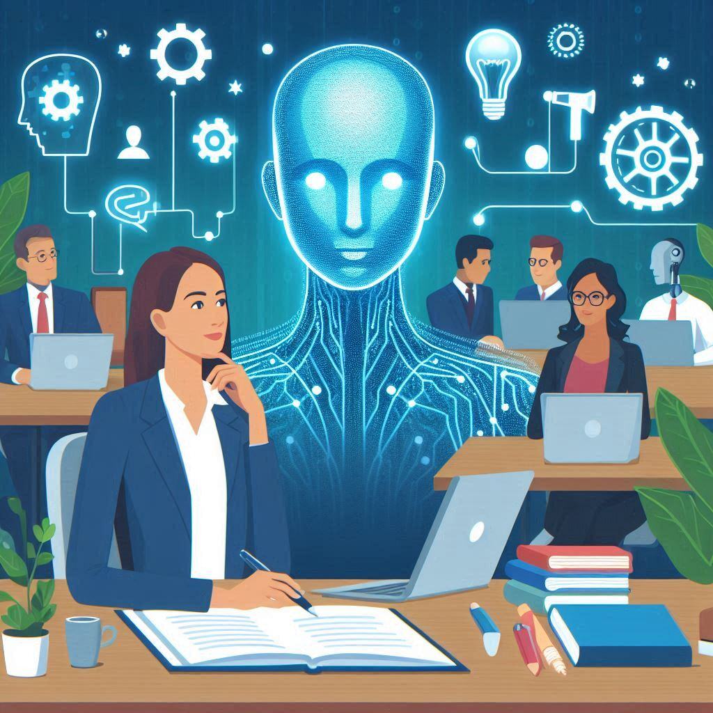 Office scene with HR professionals collaborating, guided by a large AI figure, representing the integration of AI in human resources for enhanced operations, decision-making, and employee engagement.